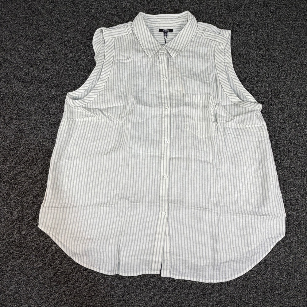 NYDJ Linen Sleeveless Camp Shirt Womens 1X WLNA3933 Grey Striped Button Down NEW
